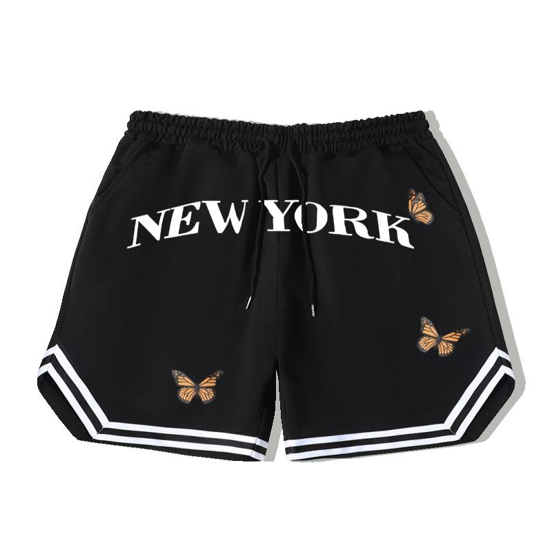 

new York" Butterfly Stripe Comfy Shorts, Men's Casual Solid Color Slightly Stretch Elastic Waist Drawstring Shorts For Summer