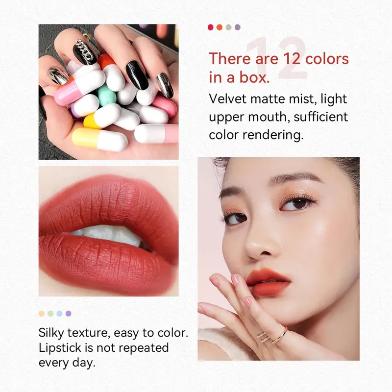 12pcs lipstick long lasting colorful capsule lip gloss matte misted finish lipstick portable mini velvet lipstick set for gift valentines day gifts details 6