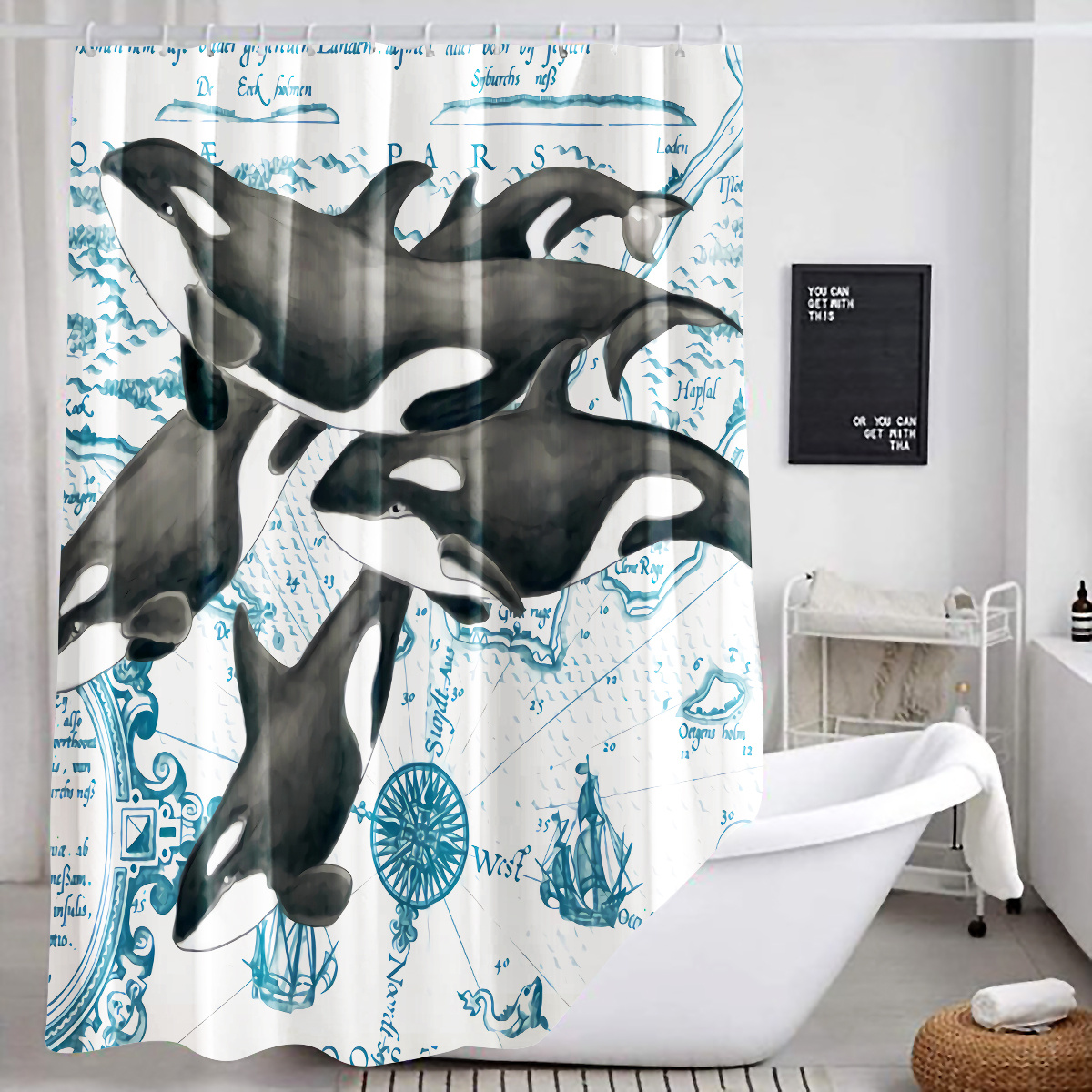 Cortina de ducha divertida, cortina de ducha fresca de ballena de