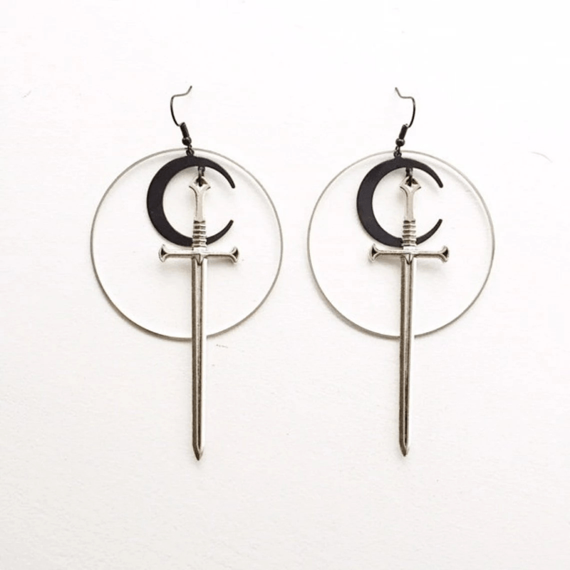 Moon Silvery Sword Hollow Circle Dangle Earrings, Goth Style