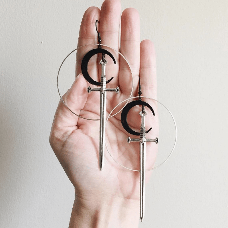 Moon Silvery Sword Hollow Circle Dangle Earrings, Goth Style