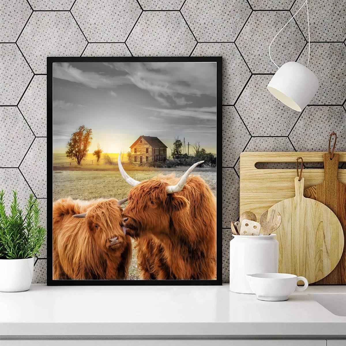 Highland Cow Canvas Wall Art Animal Print Pictures Highland Fluffy Cattle  Photo Framed Farmhouse Painting 12x12 inches for Home Decor