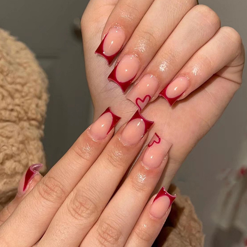 Gentle Red Edge Nude French Tip Short Squoval Press On Nails | NOUMAY  LIMITED