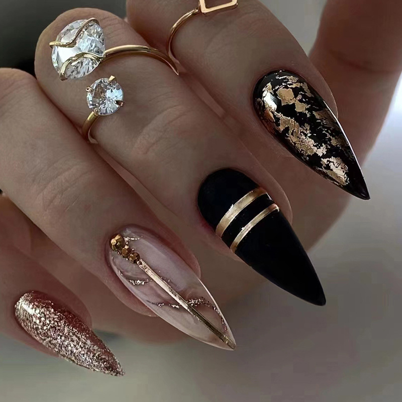 Black Marble + Gold Flakes. Long Coffin Shaped.  Coffin shape nails,  Fashion nails, Nail jewels