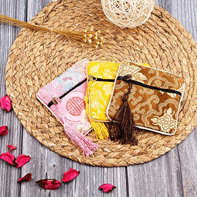 Jewelry Pouches Gift Coin Purse Bag 5pcs Tassel Square Chinese Silk Zipper