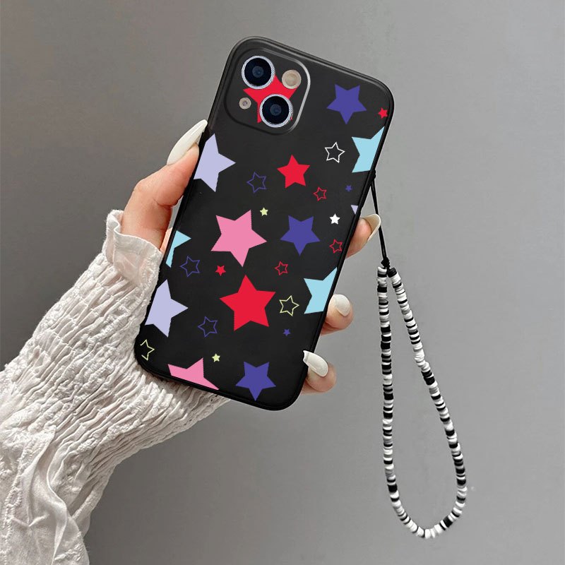 Happy Face Star Graphic Phone Case With Lanyard For IPhone 14, 13, 12, 11  Pro Max, XS Max, X, XR, 8, 7, 6s, Plus , Mini ,Black Pattern Phone Case