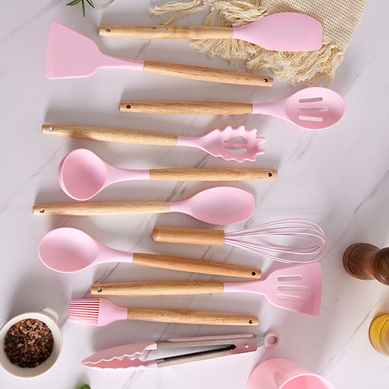 Cooking Utensil Sets,11 Pcs Silicone Kitchen Cooking Utensils Sets, Wooden  Handles Kitchen Gadgets Utensils Set for Nonstick Cookware, BPA free (Pink)
