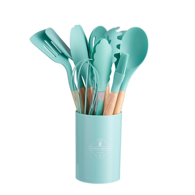 14 Pcs Silicone Cooking Kitchen Utensils Set with Holder, Wooden Handles BPA  Free Silicone Turner Tongs Spatula Spoon Kitchen Gadgets Utensil Set for  Nonstick Cookware (Green)