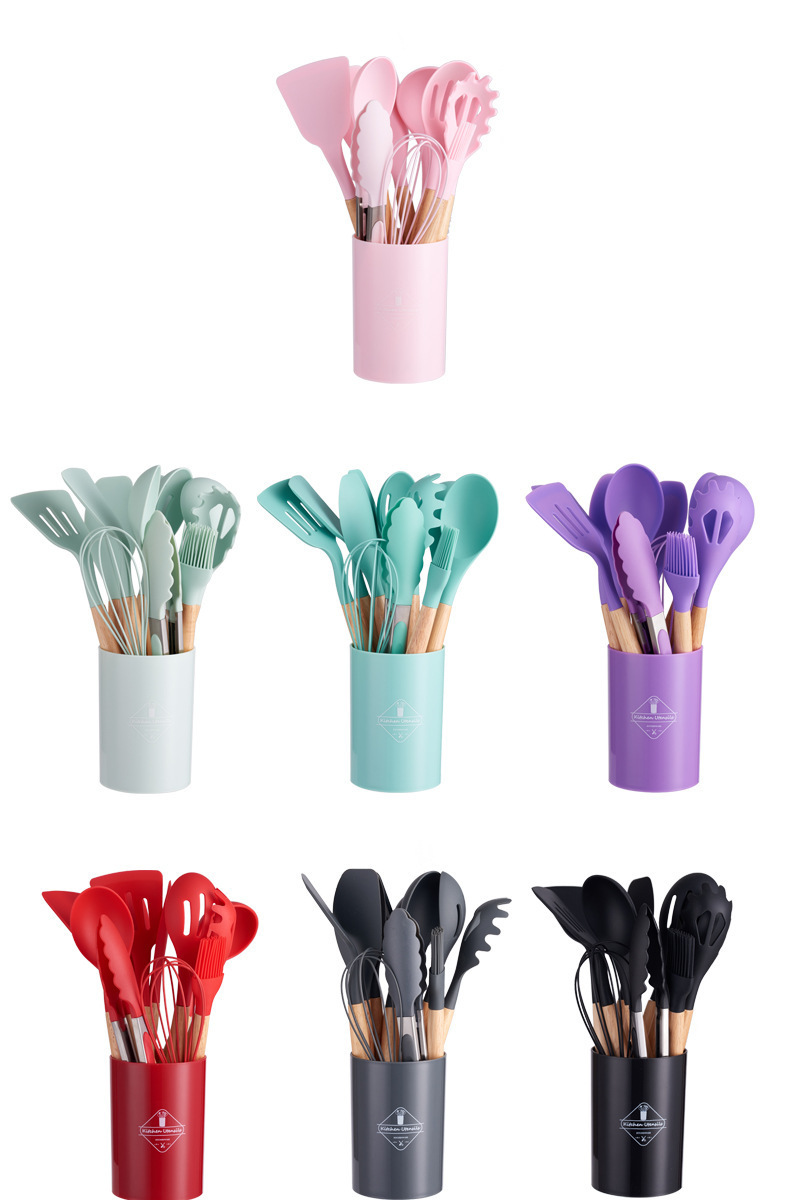 Silicone Cooking Utensils Kitchen Utensil Set, Wooden Handle Nontoxic Bpa  Free Silicone Spoon Spatula Turner Tongs Kitchen Gadgets Utensil Set For  Nonstick Cookware With Holder, School Supplies, Back To School, Dorm  Essentials 