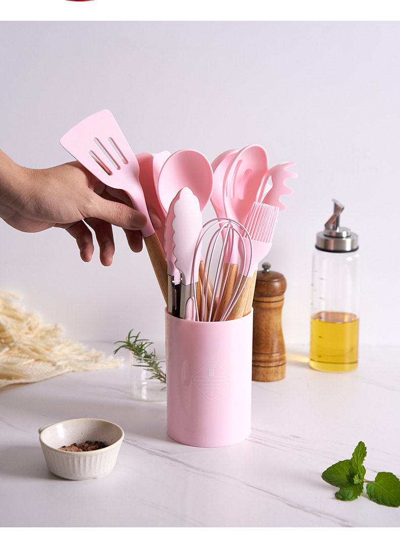 14 Pcs Silicone Cooking Kitchen Utensils Set with Holder, Wooden Handles  BPA Free Silicone Turner Tongs Spatula Spoon Kitchen Gadgets Utensil Set  for Nonstick Cookware (Pink)