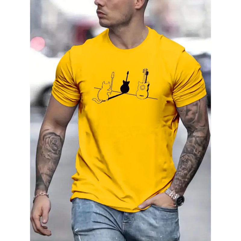 

Cute Cat's Shadow And Guitar Graphic Print Men's Creative Top, Casual Mid Stretch Short Sleeve Crew Neck T-shirt, Men's Tee For Summer Outdoor