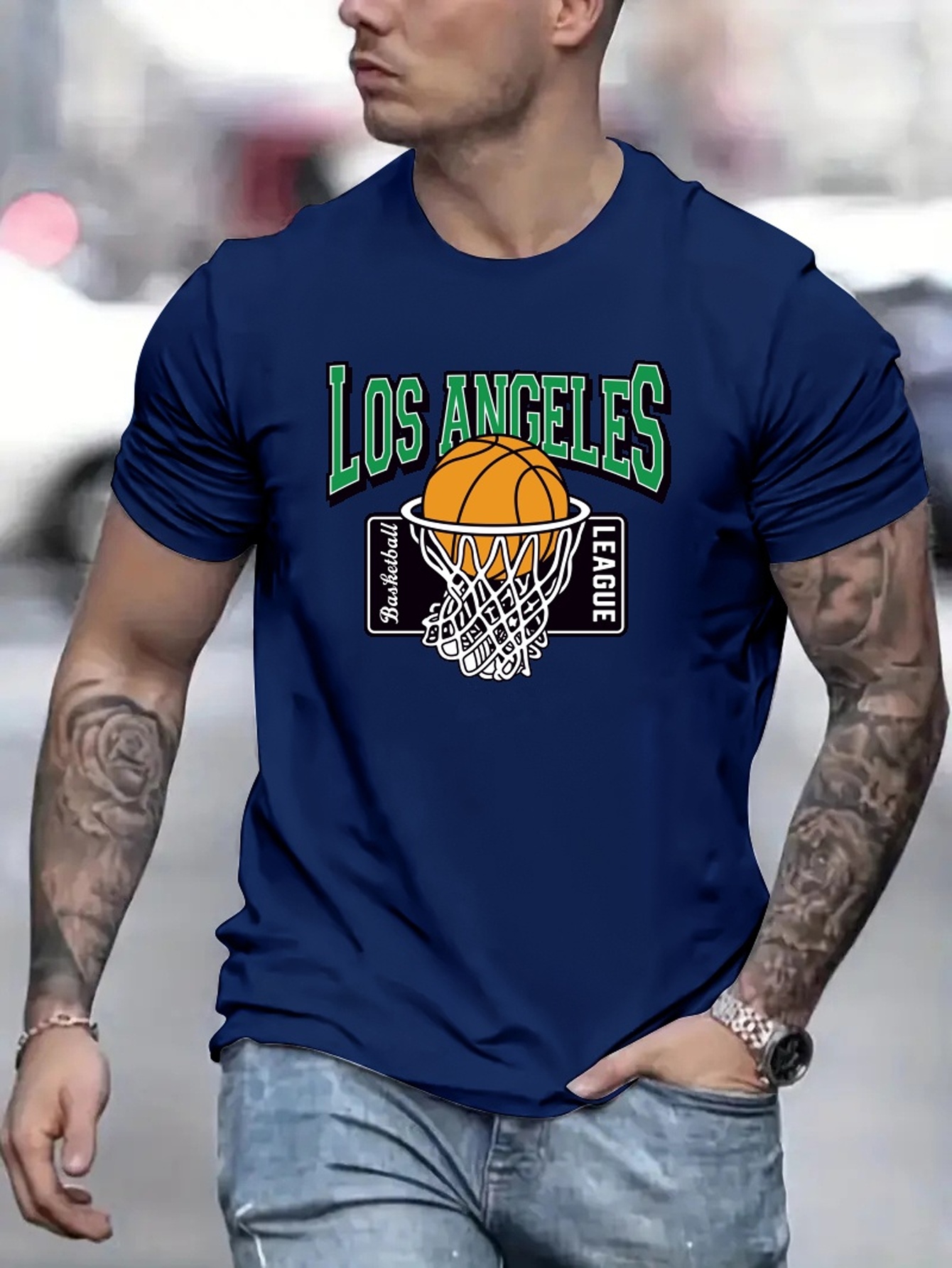 Basketball & Letter Los Angeles Pattern Print Men's Medium Stretch T-shirt,  Graphic Tee Men's Summer Clothes, Men's Outfits - Temu Belgium