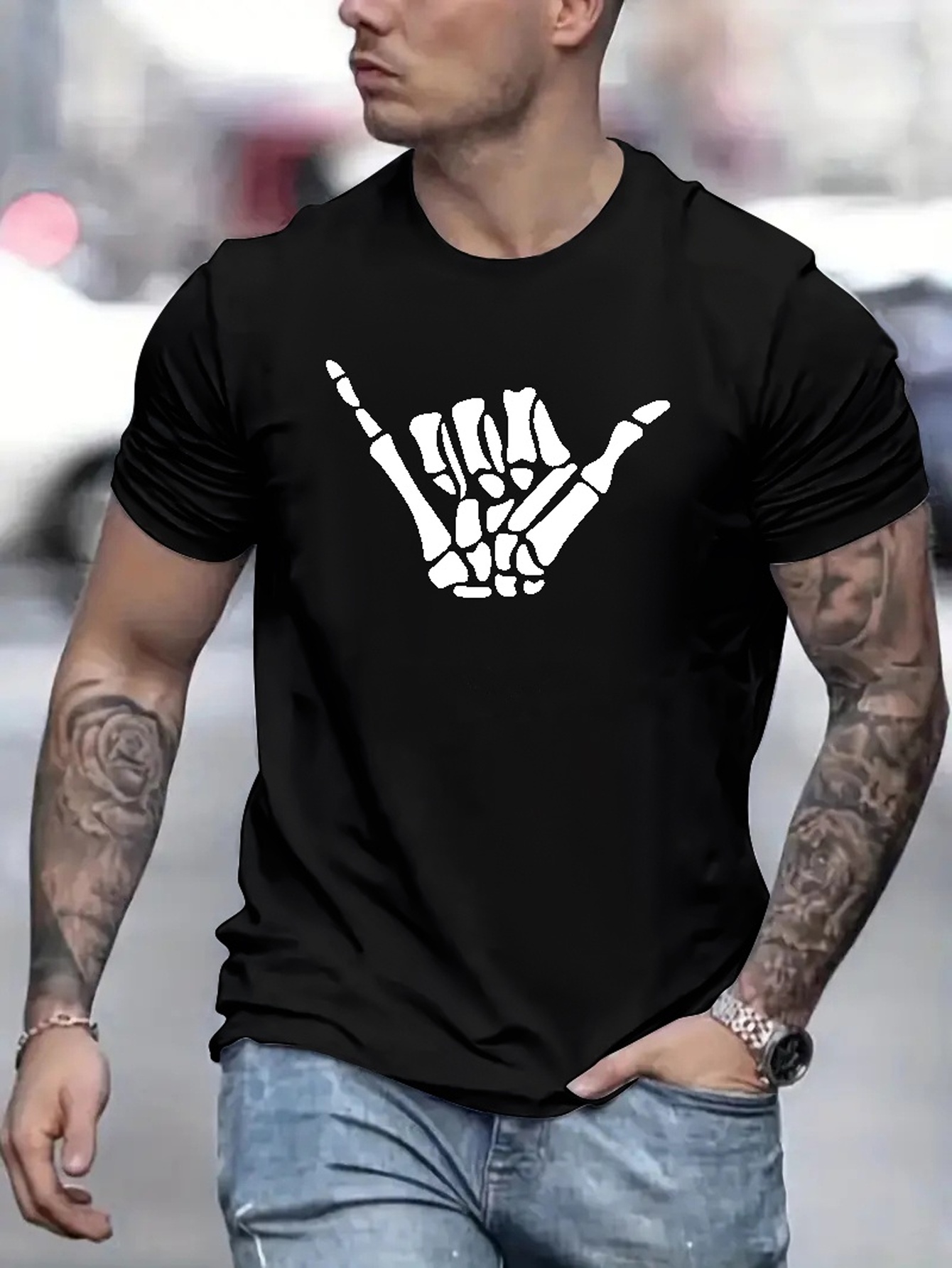 Skeleton Hand And Made You Look Letter Graphic Print Men's Creative Top,  Casual Short Sleeve Crew Neck T-shirt, Men's Clothing For Summer Outdoor -  Temu Japan