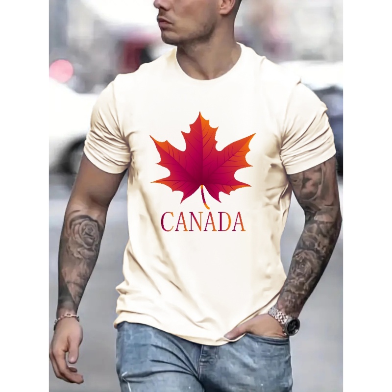 

Canada And Maple Graphic Print Men's Creative Top, Casual Mid Stretch Short Sleeve Crew Neck T-shirt, Men's Tee For Summer Outdoor