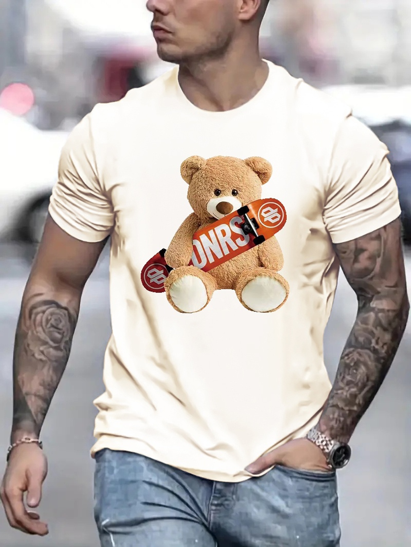 Men's Skate King Cartoon Bear Print Round Neck Short Sleeve T-shirt - Temu