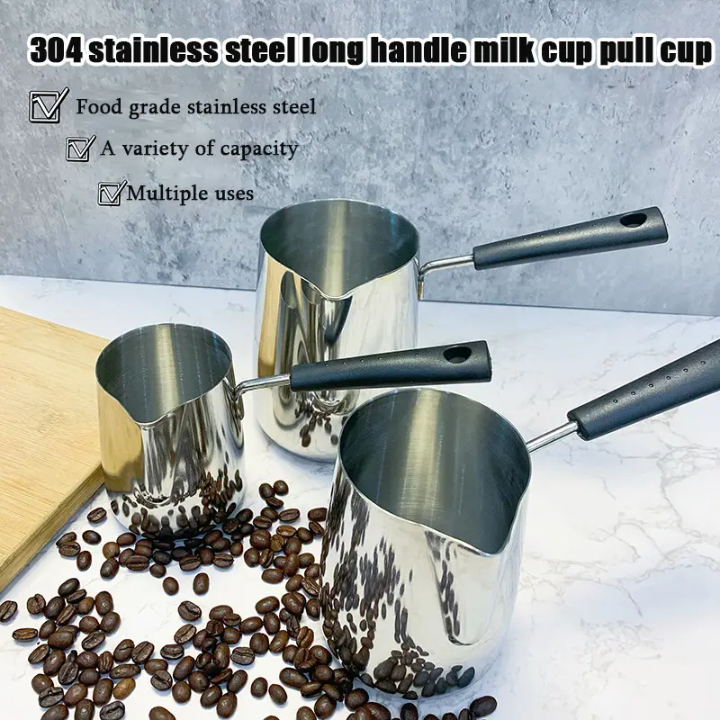 1pc 304 stainless steel long handle coffee cup large capacity hot milk cup pull flower cup milk cup pointed nose fancy coffee tool details 0