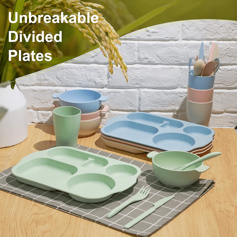 4 Pack Unbreakable Divided Plates, 6 Compartments Wheat Straw