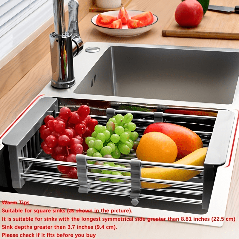 Adjustable Dish Drainer Over Sink, Extendable Stainless Steel Colander,  Retractable Vegetable Fruit Washing Basket, Drying Rack, Collapsible Over  The Sink Strainer Basket, Food Drying Rack With Handles, Kitchen  Accessories Organizer - Temu