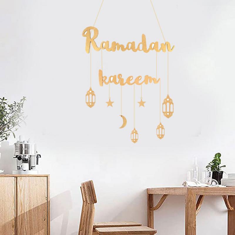 1pc Ramadan Kareem Decor Moon Star Hanging Pendant Wooden Craft Eid Mubarak  Ramadan Decoration For Home Door Plaque Sign