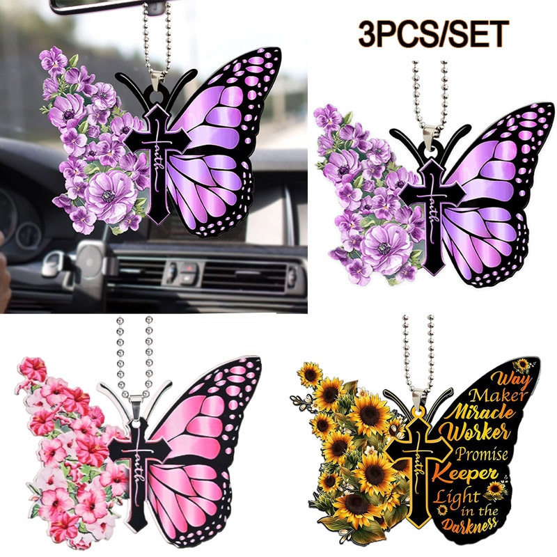 3 Stück/Set Blumen-Schmetterling- -Kreuz-Hängeornament,  2D-Auto-Rückspiegel-Hängezubehör, Schlüsselanhänger Und Taschenanhänger,  Weihnachtsgeschenk