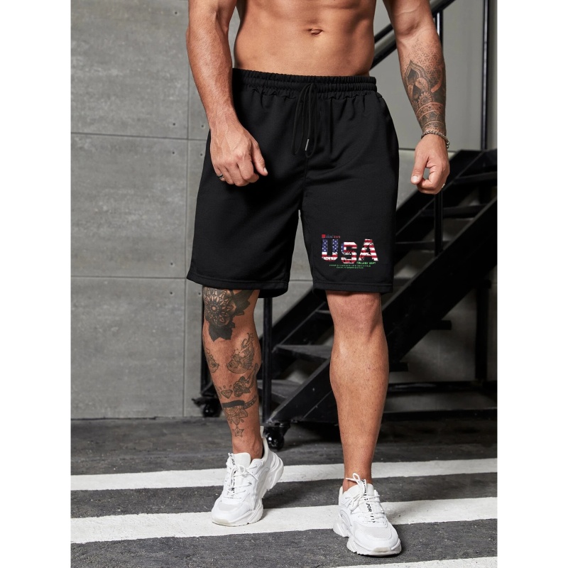 Plus Size Men's Patriotic Style Letter USA & National Flag Elements Print Drawstring Shorts, Fashion Casual Slightly Stretch Pants For Sports, Suit For Big & Tall Guys