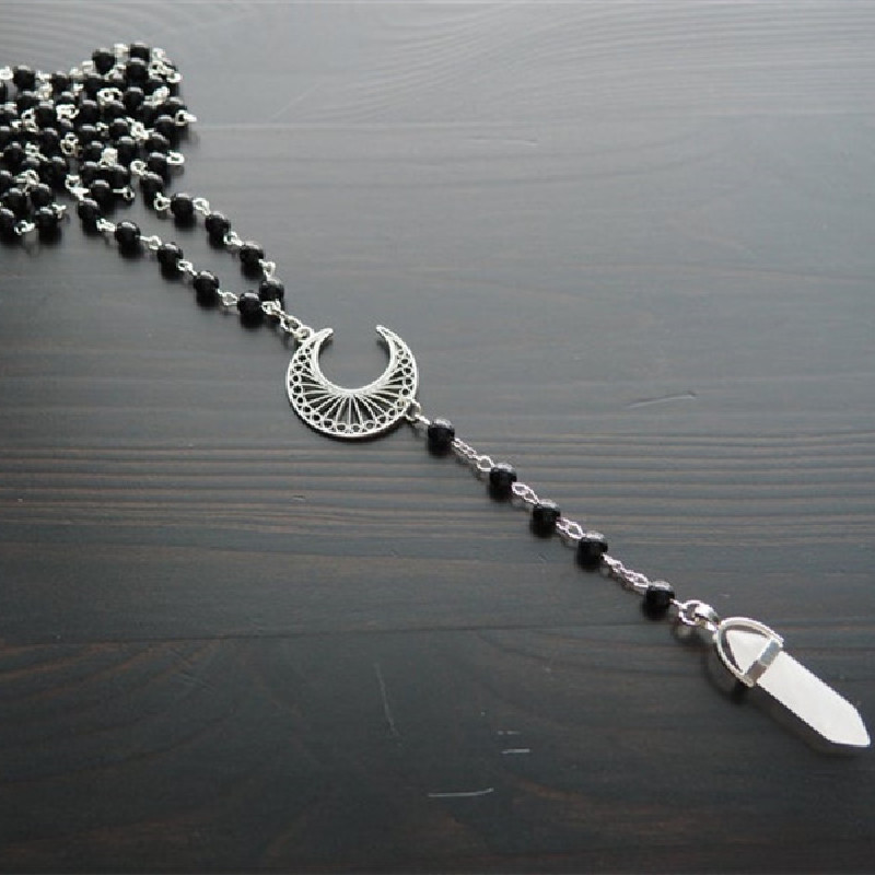 Hexagonal Long Strip Pendant Vintage Hollow Moon Necklace Black