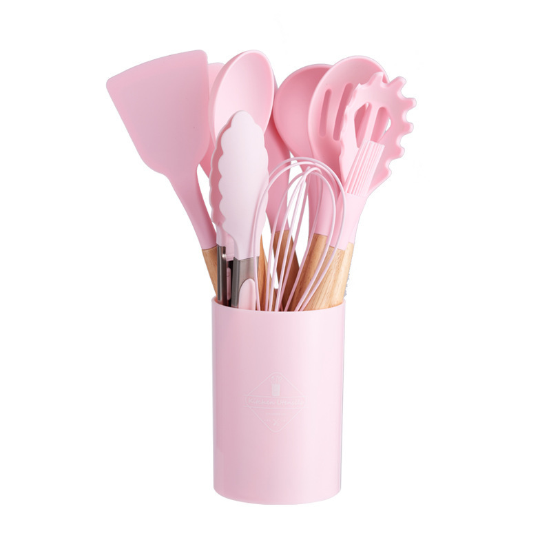 1PC Silicone Cooking Utensils Non-stick Kitchenware With Spoon Holder  Wooden Handle Kitchen Accessories Cooking Tools Set Pink - AliExpress