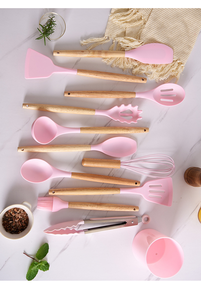 Country Kitchen 6 pc Non Stick Silicone Utensil Baking Set with Rounded  Wooden Handles for Cooking and Baking - Pink