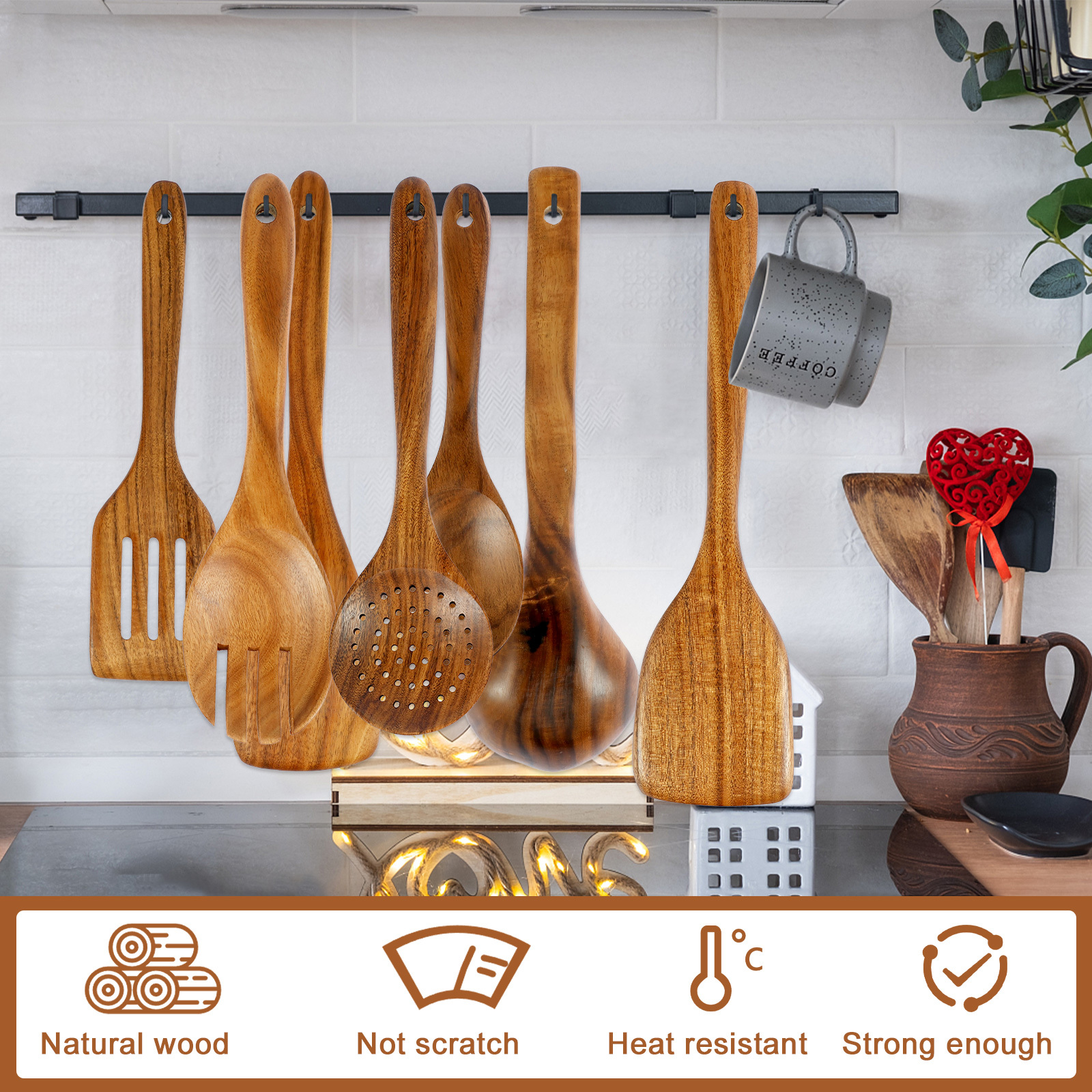  Wooden Spoons for Cooking - 8-Piece Wooden Kitchen Utensil Set  made of Natural Solid Wood Material - Includes Spoons, Spatulas, Ladles,  Strainer Spoon, Salad Fork, Mixing Spoon and Utensil Holder: Home