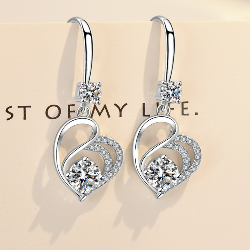 Crystal Heart Drop Earrings Silver Quartz For Brides Bridesmaid