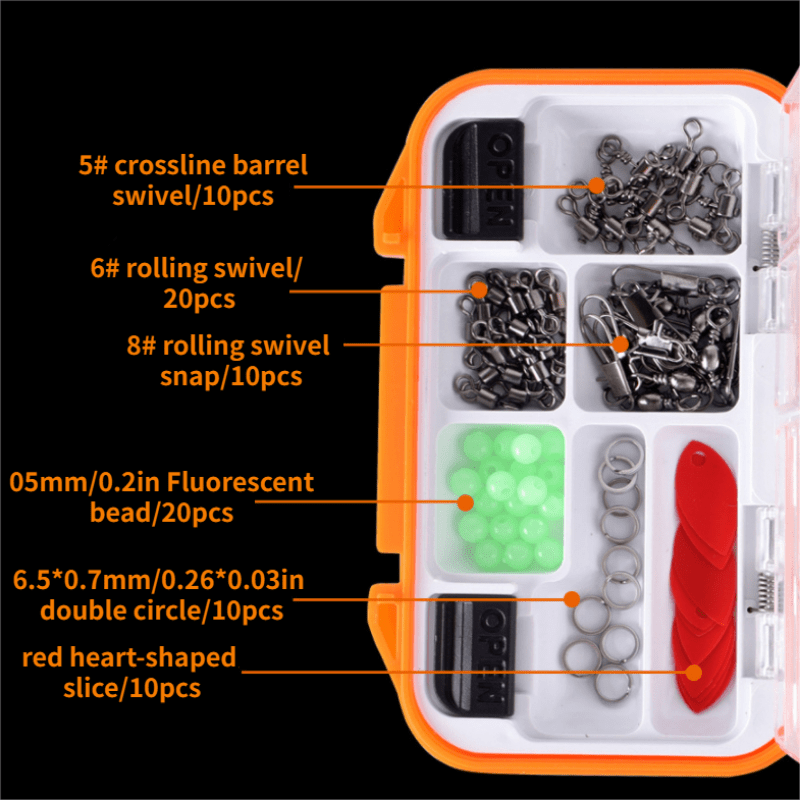 190pcs/box Complete Fishing Tackle Kit with Durable Tackle Box - Includes  Crossline Barrel, Rolling Swivels, Fluorescent Beads, Double Circles, Red