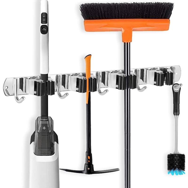 U.S. Solid Mop and Broom Holder, Wall Mounted, 4 Slots & 4 Hooks, Garden  Tool Organizer, 20 Inches
