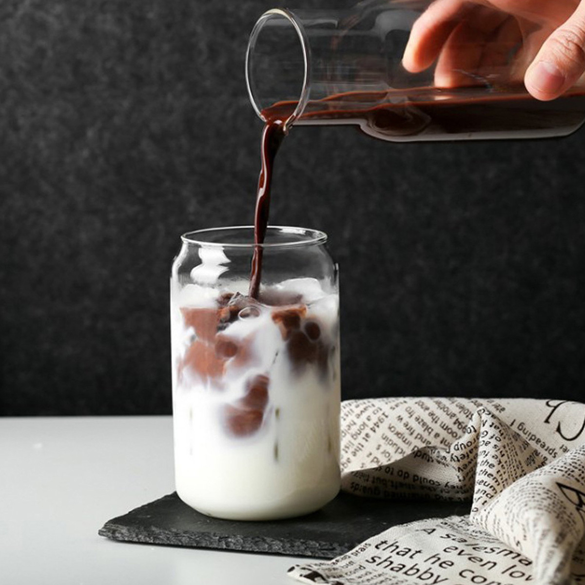 Transparent Can shape Glass Cups with Bamboo lid And Straw Ice Coffee Cups  Glass