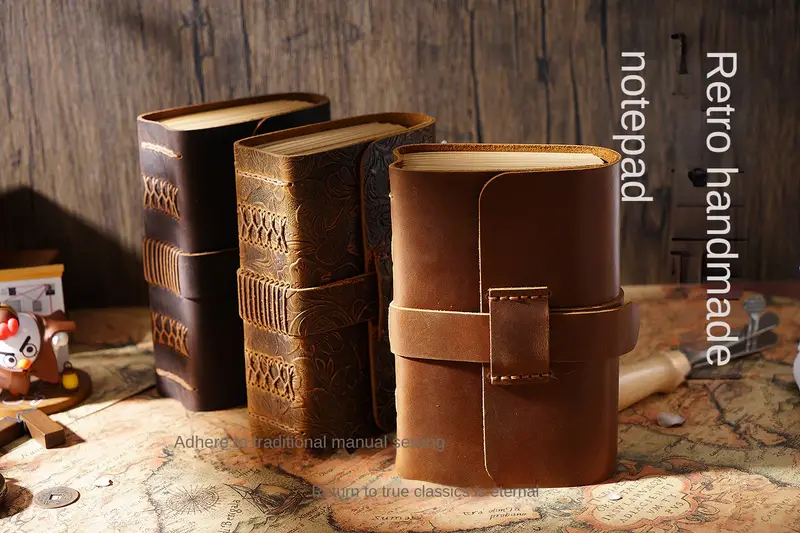 1pc pure handmade cowhide notebook thickened vintage chinese kraft paper notepad 6 5 4 53in travel book 200 sheets 400 pages details 0