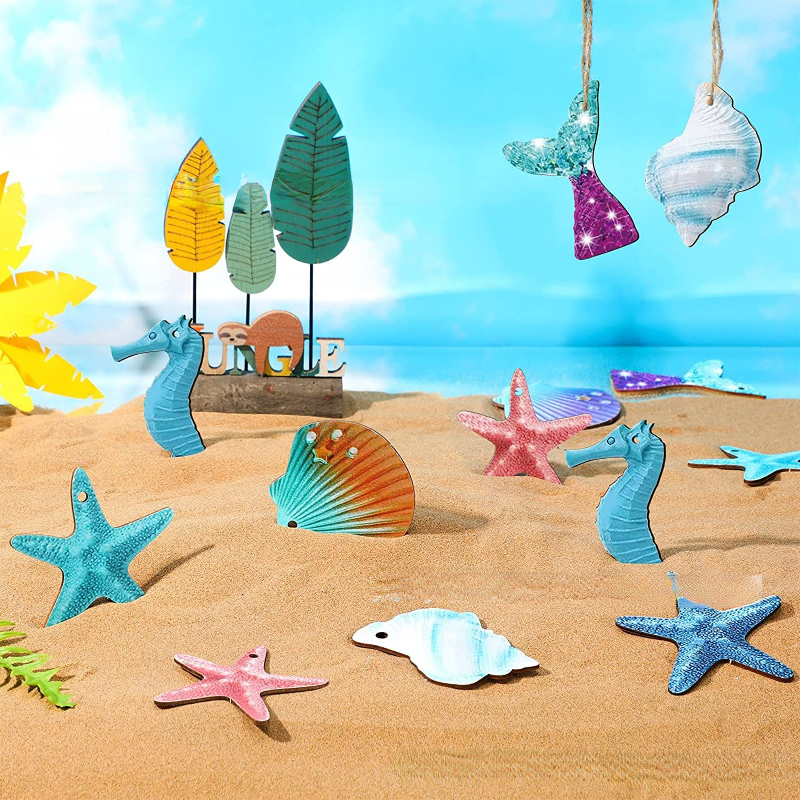 16pcs, Marine Style Beach Dolphin Seaweed Shell Wooden Hanging Ornaments,  Holiday Supplies, Garden Decor, Tree Decorations, Party Decor, Yard Decorati