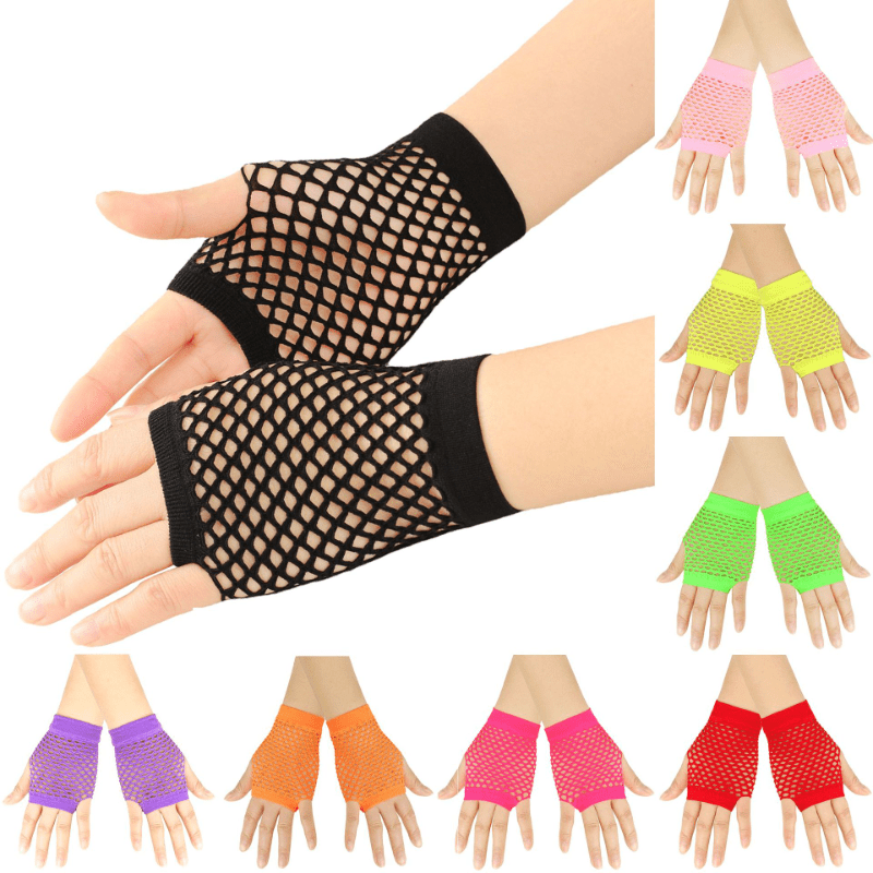 Sexy Neon Pink Fingerless Fishnet Gloves with Ruffle - 80s, Punk
