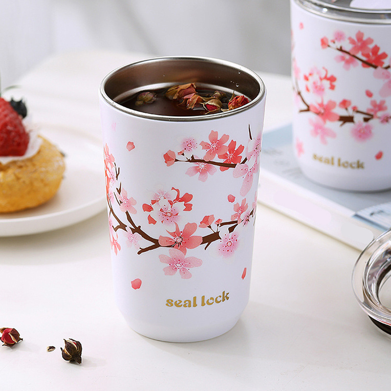 Cherry Ceramic Water Cup With Lid Spoon, Heat Resistant Cups For