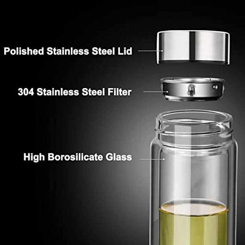 Glass Tea Infuser Stainless Steel Double Insulated Tumbler Water Bottle  10oz