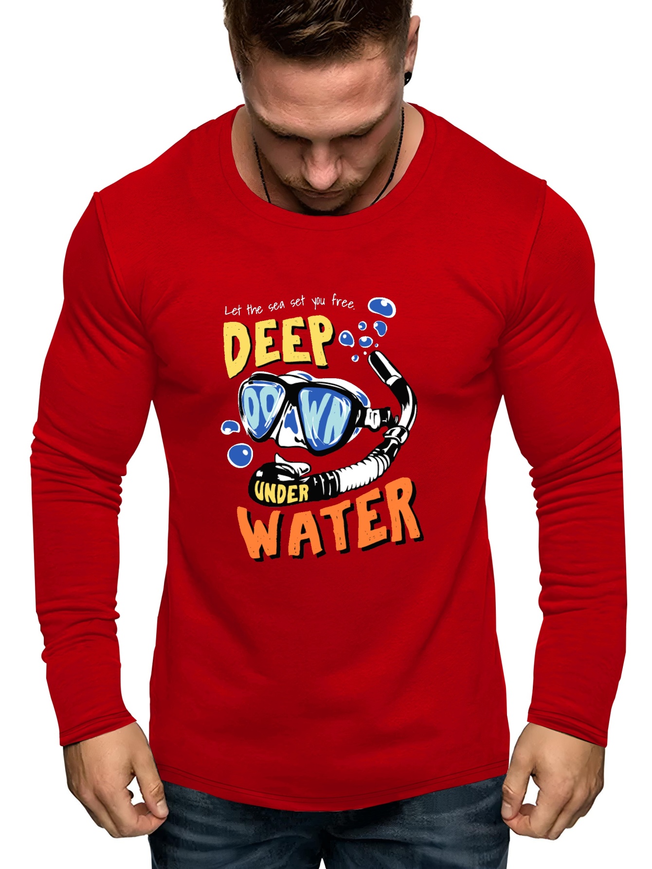 Plus Size Men's Long Sleeve Deep Water Print T-shirts, Casual