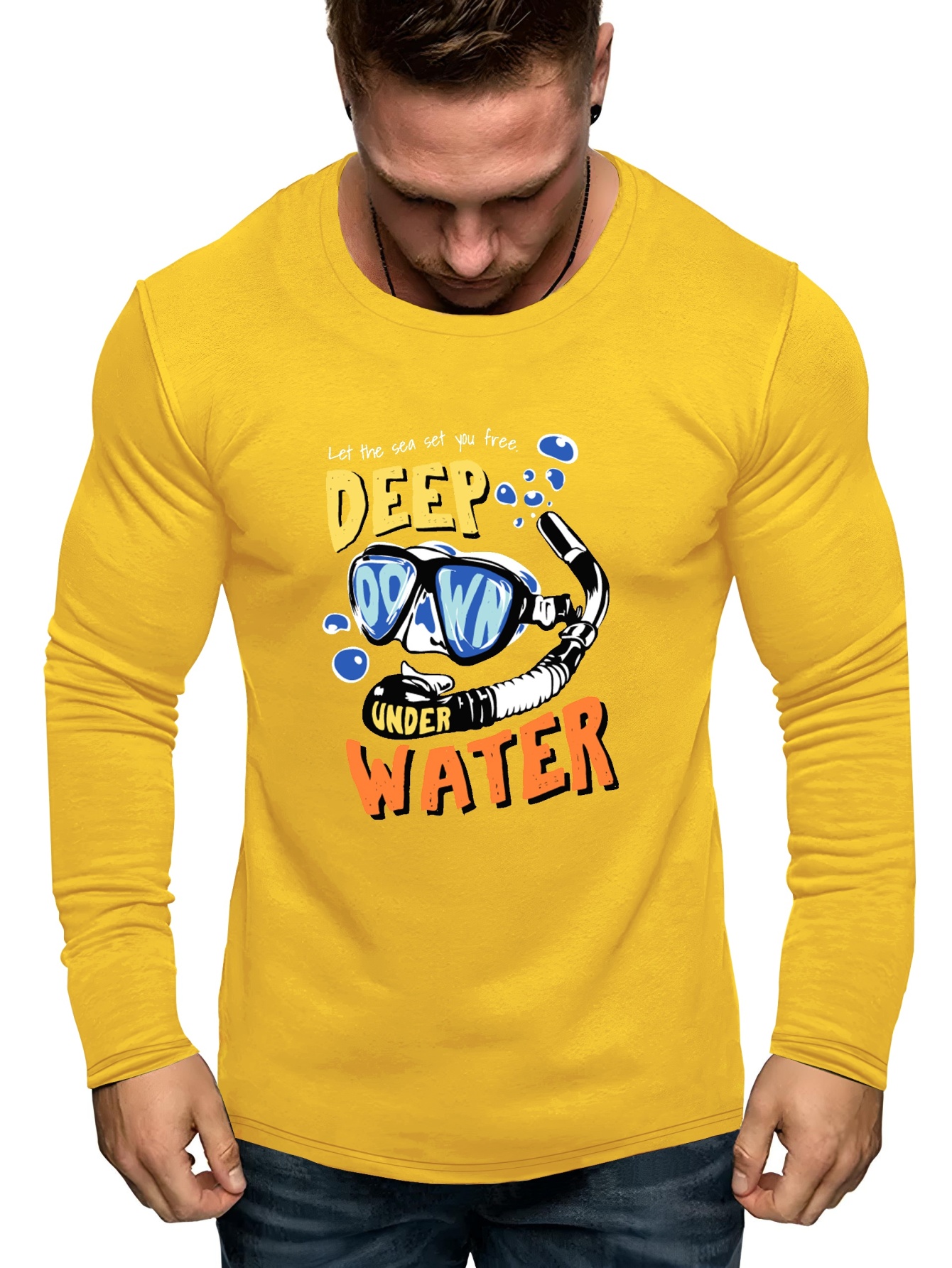 Plus Size Men's Long Sleeve Deep Water Print T-shirts, Casual