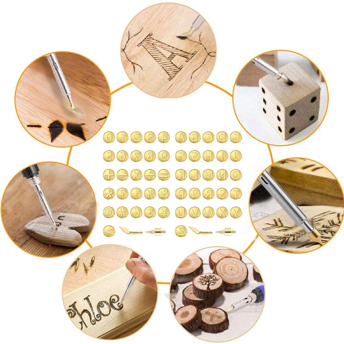 60 pcs Wood Burning Tips Set and Stencils, Pyrography Wood Burning Alphabet  Numbers Symbols Stamps Set（ Include 54 Assorted Wood Burning/Carving/Embossing  & Soldering Tips and 6 Stencils）