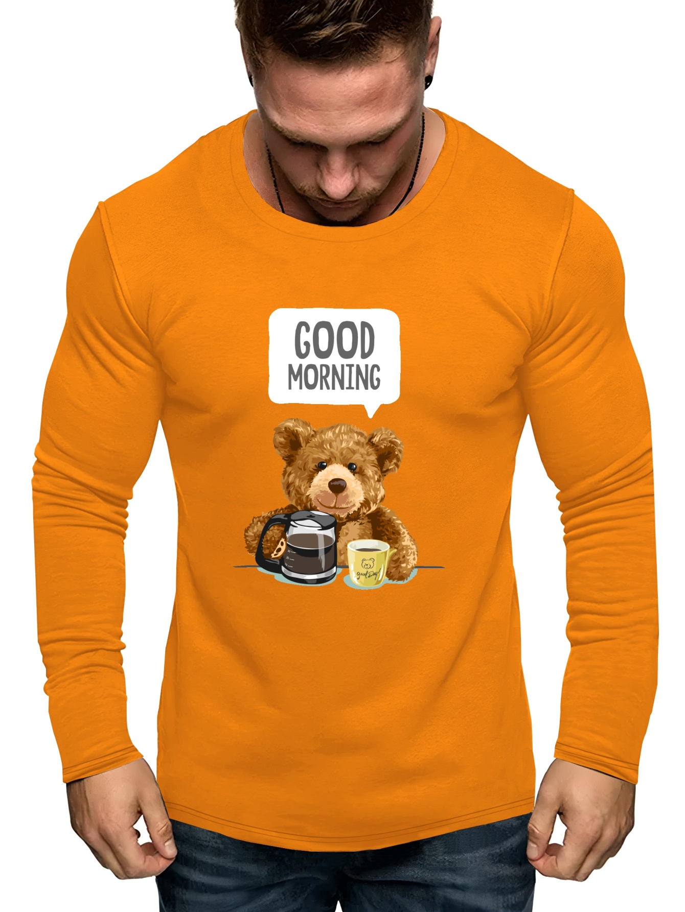 Orange Teddy Print T Shirt, Tops