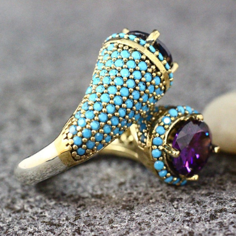 Wrap Ring Silver Plated with Purple Zircon and Turquoise