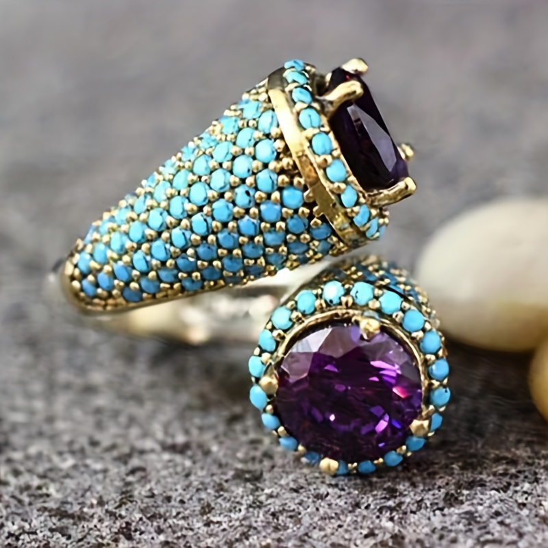 Wrap Ring Silver Plated with Purple Zircon and Turquoise