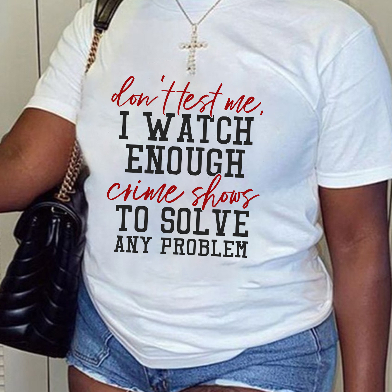 

Plus Size Casual T-shirt, Women's Plus Letter Print Short Sleeve Round Neck Slight Stretch T-shirt