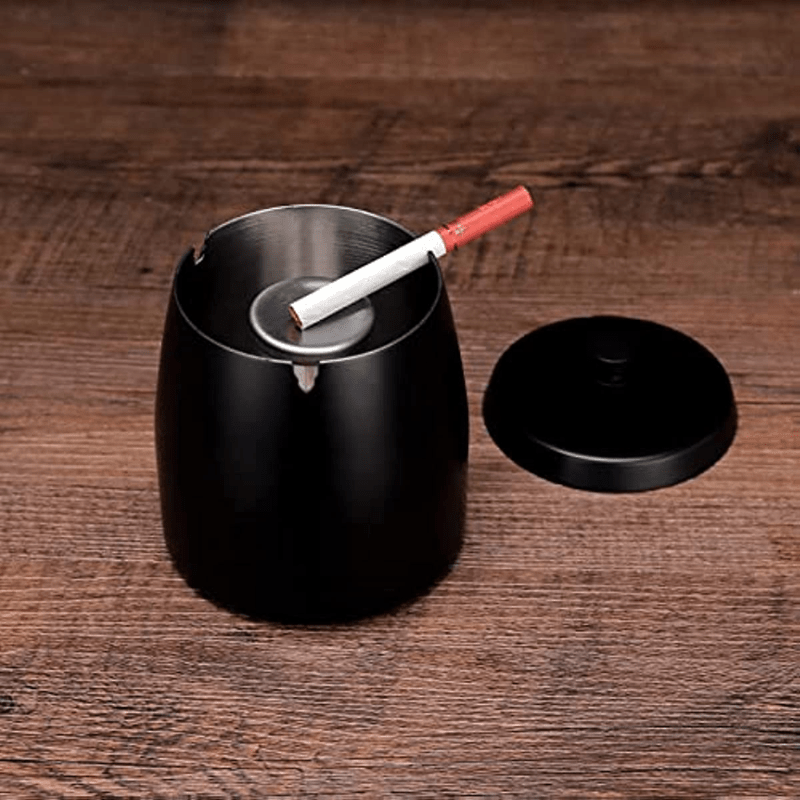 Cendrier Coupe-vent Avec Couvercle En Bois Et Insert Acier Inoxydable - Anti-odeurs - Design Compact - Parfait Pour Intérieur Ou Terrasse