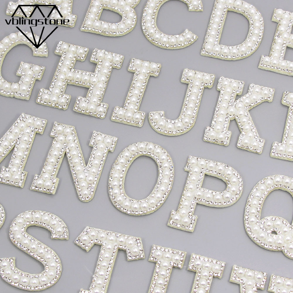 Pearl Iron On Cloth Stickes Rhinestone Applique A-Z English Letter Patches  DIY