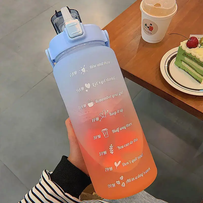 2L Portable Sports Water Bottle Straw Leakproof Drinking Bottle with  Stickers Frosted Time Scale Water Cup For Outdoor Fitness