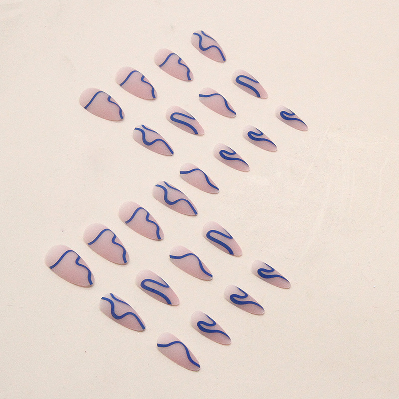 24pcs matte pink almond press on nails with blue line designs long lasting acrylic false nails for women and girls details 1