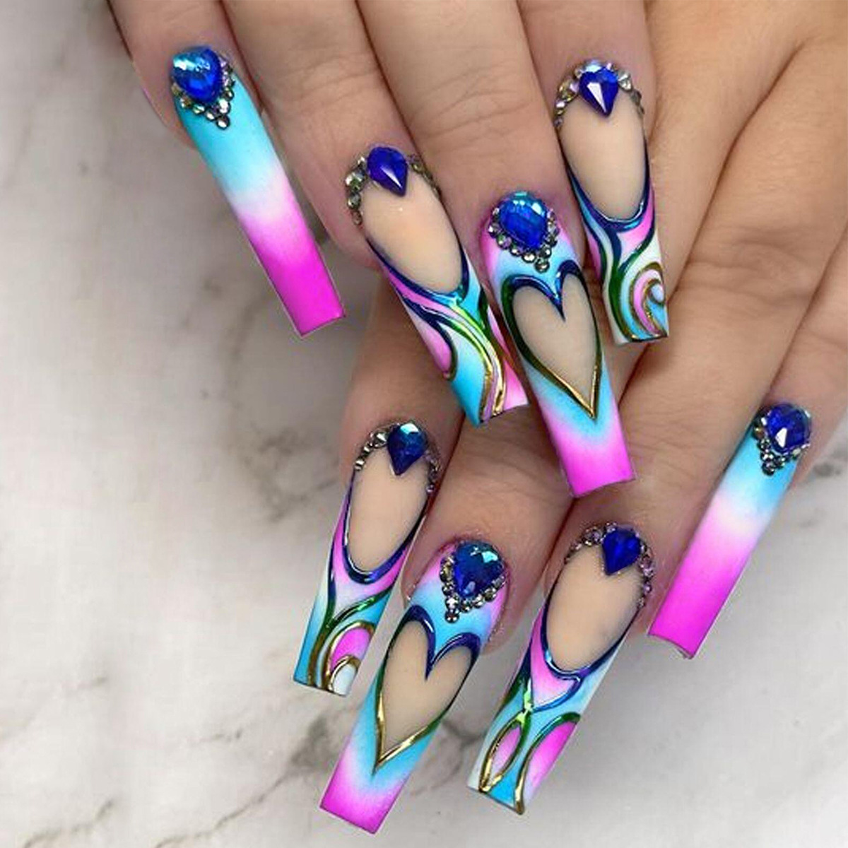 Gradient Ballerina Press On Nails With Wave And Star Designs,long Coffin  Fake Nails With Rhinestones,glossy False Nails For Women And Girls, - Temu